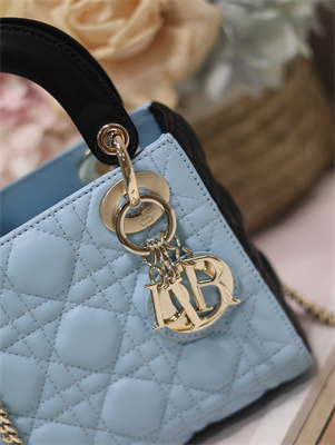 CD Mini Lady Dior Bag Two Tones Cannage Lambskin Gold Tone Metal Blue and Black