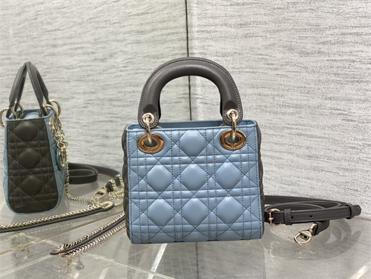CD Mini Lady Dior Bag Two Tones Cannage Lambskin Gold Tone Metal Blue and Grey