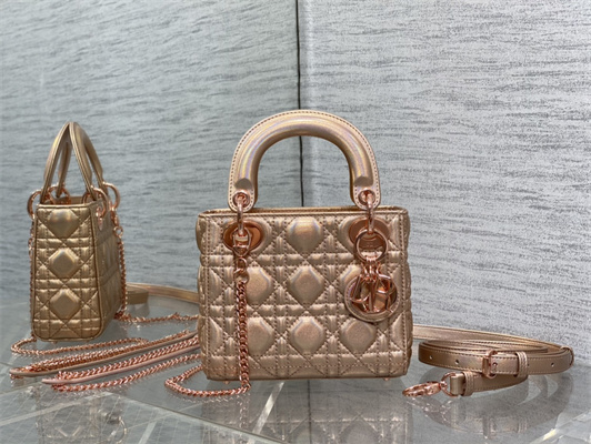 CD Mini Lady Dior Bag Cannage Lambskin Iridescent Metallic Gold Tone