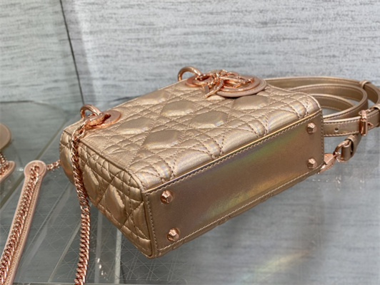 CD Mini Lady Dior Bag Cannage Lambskin Iridescent Metallic Rose Gold Tone
