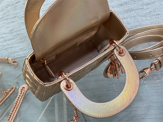 CD Mini Lady Dior Bag Cannage Lambskin Iridescent Metallic Rose Gold Tone