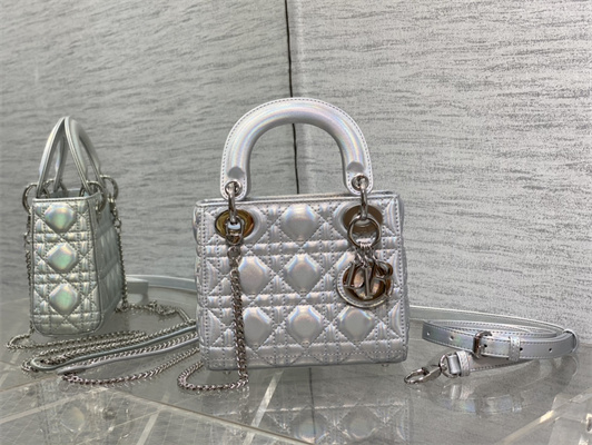 CD Mini Lady Dior Bag Cannage Lambskin Iridescent Metallic Silver Tone