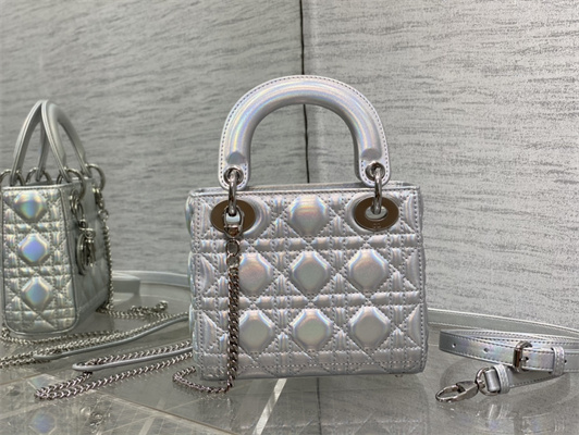 CD Mini Lady Dior Bag Cannage Lambskin Iridescent Metallic Silver Tone