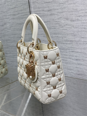 CD Small Lady Di.or Bag Cannage Lambskin With Gold Finish Butterfly Studs White