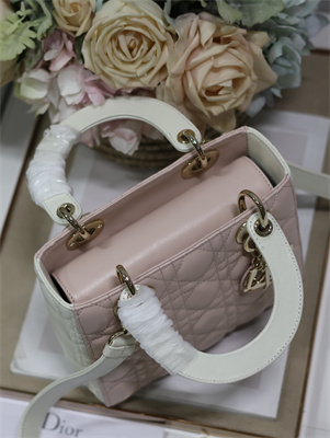 CD Small Lady Di.or Bag Two Tones Cannage Lambskin Gold Tone Metal Pink and Latte