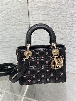 CD Small Lady Di.or Bag Cannage Lambskin With Gold Finish Butterfly Studs Black