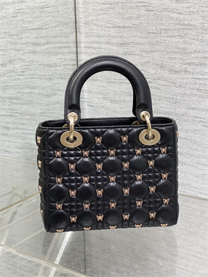 CD Small Lady Di.or Bag Cannage Lambskin With Gold Finish Butterfly Studs Black
