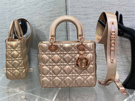 CD Small Lady Di.or My ABCDior Bag Cannage Lambskin Iridescent Metallic Rose Gold Tone
