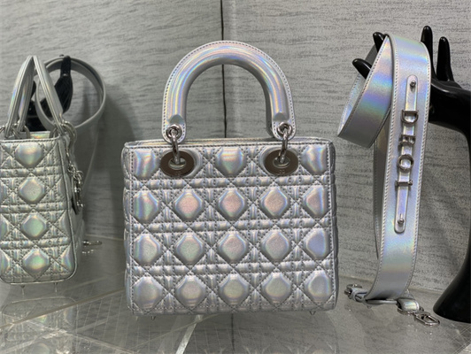 CD Small Lady Di.or My ABCDior Bag Cannage Lambskin Iridescent Metallic Silver Tone