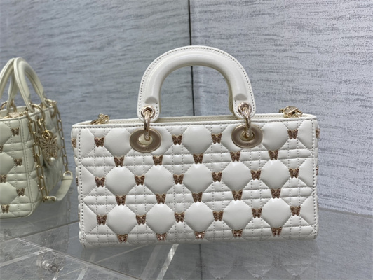 CD Medium Lady D-Joy Bag Cannage Lambskin With Golden Butterfly Gold Tone Metal White