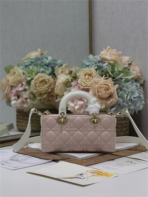 CD Small Lady D-Joy Bag Two Tones Cannage Lambskin Gold Tone Metal Pink and Latte