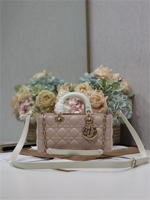 CD Medium Lady D-Joy Bag Two Tones Cannage Lambskin Gold Tone Metal Pink and Latte