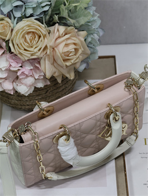 CD Medium Lady D-Joy Bag Two Tones Cannage Lambskin Gold Tone Metal Pink and Latte