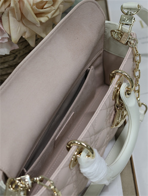 CD Medium Lady D-Joy Bag Two Tones Cannage Lambskin Gold Tone Metal Pink and Latte