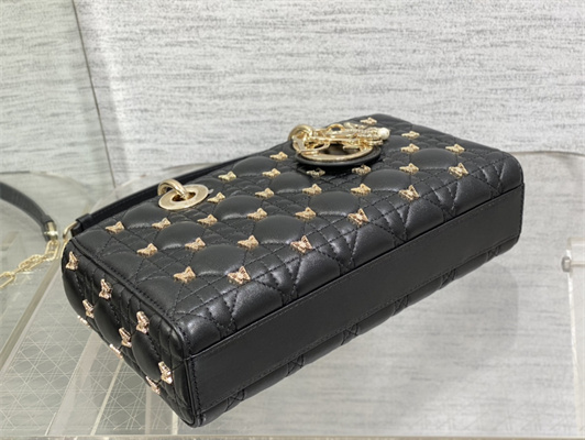 CD Medium Lady D-Joy Bag Cannage Lambskin With Golden Butterfly Gold Tone Metal Black