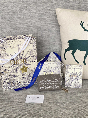 CD  Voyageur Small  Coin Purse Supple Cannage Patent Calfskin Grey S0985