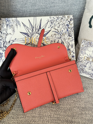 CD Long Saddle Wallet With Chain Grained Calfskin Orange Red