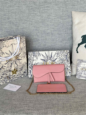 CD Long Saddle Wallet With Chain Grained Calfskin Pink