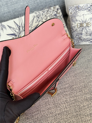 CD Long Saddle Wallet With Chain Grained Calfskin Pink