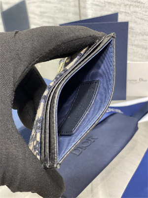 CD  Card Holder Black Grained Calfskin and Blue Dior Oblique Jacquard