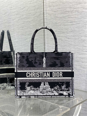 CD Medium Book Tote Black and White Paris Embroidery