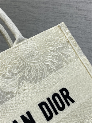 CD Medium Book Tote White Toile de Jouy Soleil Macram?? Embroidery