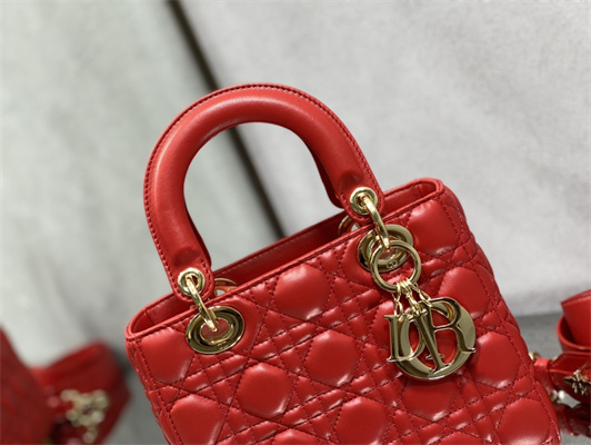 CD Small Lady Di.or My ABCDior Bag Cannage Lambskin Gold Tone Metal Red