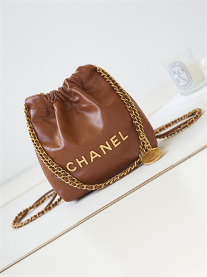Cha.nel 22 Mini Handbag Shiny Calfskin Gold Tone Metal Tan AS3980