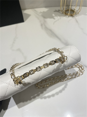 Cha.nel Wallet On Chain Rhinestone Lambskin Gold-Tone Metal White AP3796