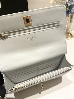 Cha.nel Wallet On Chain Rhinestone Lambskin Gold-Tone Metal Grey Blue AP3796