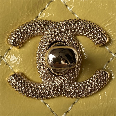 Cha.nel Clutch With Chain Shiny Crumpled Lambskin, Imitation Pearls & Gold-Tone Metal Yellow AP3803