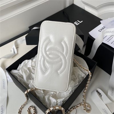 Cha.nel Vanity Case Top Handle With Chain Shiny Crumpled Lambskin, Imitation Pearls & Gold-Tone Metal White AP3804