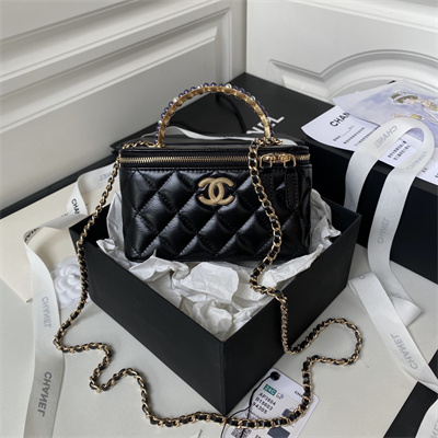 Cha.nel Vanity Case Top Handle With Chain Shiny Crumpled Lambskin, Imitation Pearls & Gold-Tone Metal Black AP3804