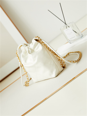Cha.nel 22 Mini Handbag Shiny Calfskin Gold Tone Metal White With Black Letters AS3980