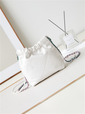 Cha.nel 22 Mini Handbag Shiny Calfskin Rainbow Metal White AS3980