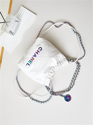 Cha.nel 22 Mini Handbag Shiny Calfskin Rainbow Metal White AS3980