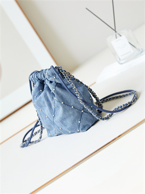 Cha.nel 22 Mini Handbag Washed Denim Silver-Tone Metal Blue AS3980