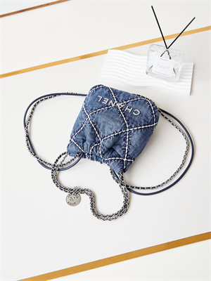 Cha.nel 22 Mini Handbag Stitched Denim Silver Tone Metal Blue AS3980