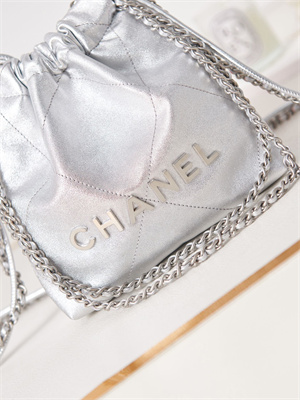 Cha.nel 22 Mini Handbag Metallic Shaded Calfskin Silver Tone Metal  AS3980