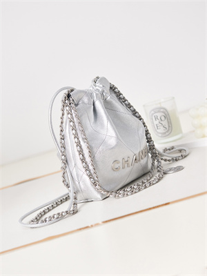 Cha.nel 22 Mini Handbag Metallic Shaded Calfskin Silver Tone Metal  AS3980