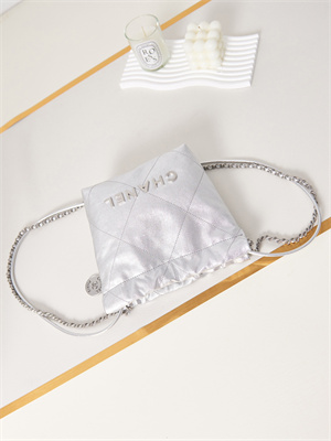 Cha.nel 22 Mini Handbag Metallic Shaded Calfskin Silver Tone Metal  AS3980