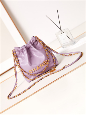 Cha.nel 22 Mini Handbag Shiny Calfskin Gold Tone Metal Purple AS3980