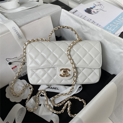 Cha.nel Small Flap Bag With Diamond Top Handle Lambskin Gold Tone Metal White AS4141