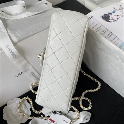 Cha.nel Small Flap Bag With Diamond Top Handle Lambskin Gold Tone Metal White AS4141