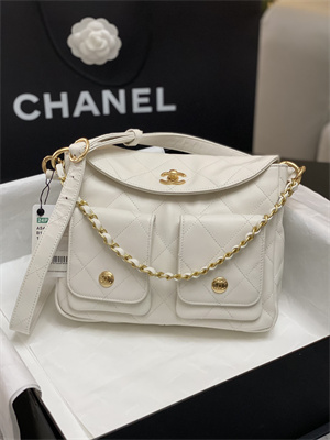 Chanel Hobo Handbag Shiny calfskin Gold Tone Metal White AS4743