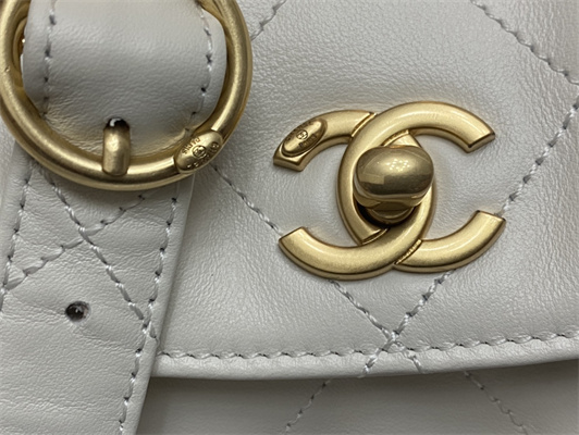 Chanel Hobo Handbag Shiny calfskin Gold Tone Metal White AS4743