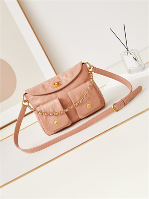 Chanel Hobo Handbag Shiny calfskin Gold Tone Metal Pink AS4743