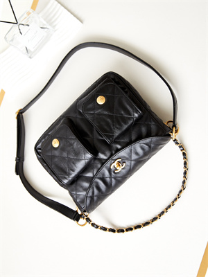 Chanel Hobo Handbag Shiny calfskin Gold Tone Metal Black AS4743