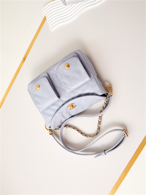 Chanel Hobo Handbag Shiny calfskin Gold Tone Metal Blue AS4743