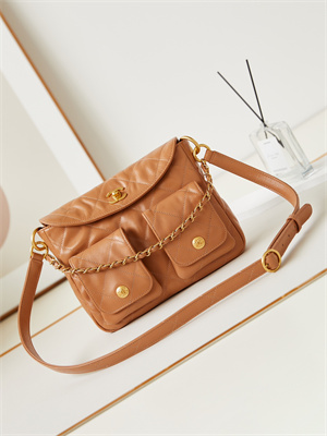 Chanel Hobo Handbag Shiny calfskin Gold Tone Metal Brown AS4743